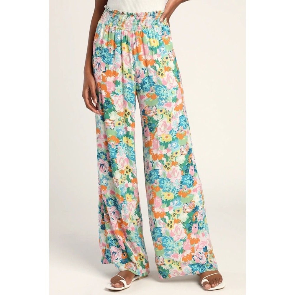 Lulus Blooming Mood Sage Floral Print Smocked Wide Leg Pants Multi Medium